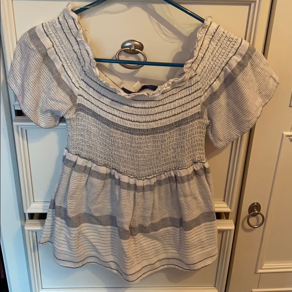 grey and white ribbed off the shoulder top